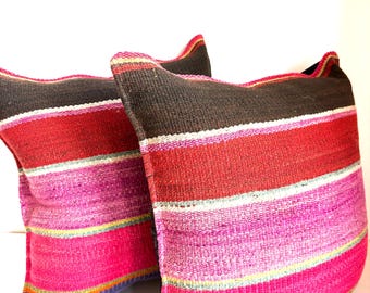2 throw pillow cushion covers made from handmade Peruvian upcycled frazada fabric - BA2