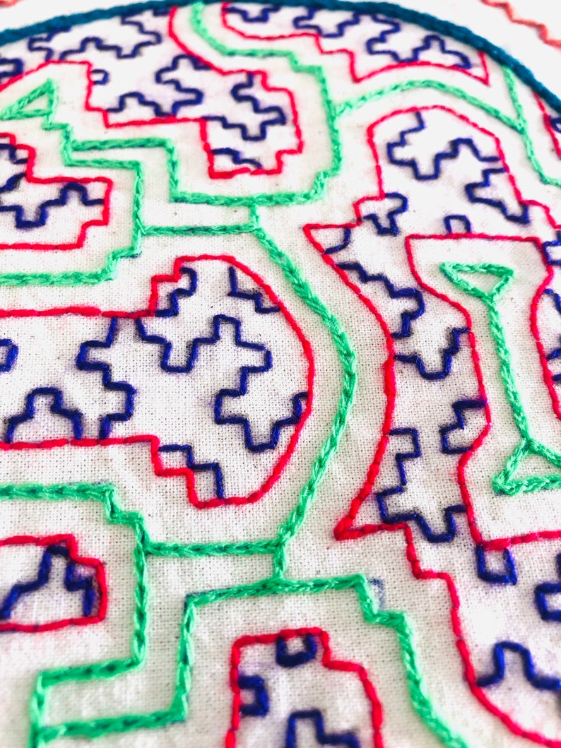 Peruvian hand embroidered Shipibo Conibo ethnic tribal fabric textile SHP3