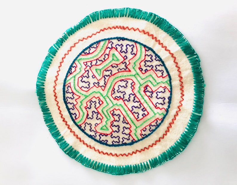 Peruvian hand embroidered Shipibo Conibo ethnic tribal fabric textile SHP3