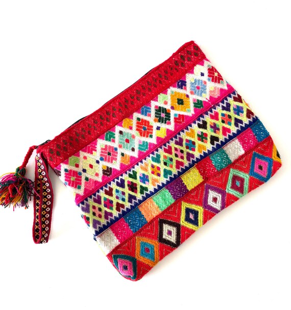 Bolso de mano étnico bohemio único, hecho a mano con tela peruana