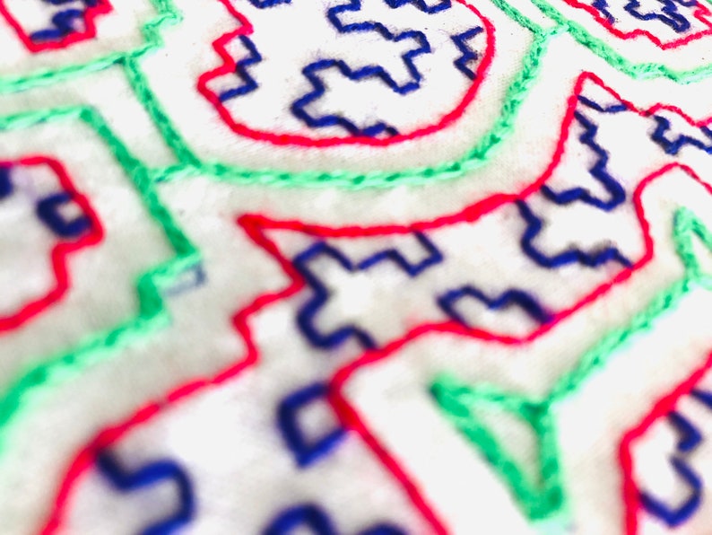 Peruvian hand embroidered Shipibo Conibo ethnic tribal fabric textile SHP3