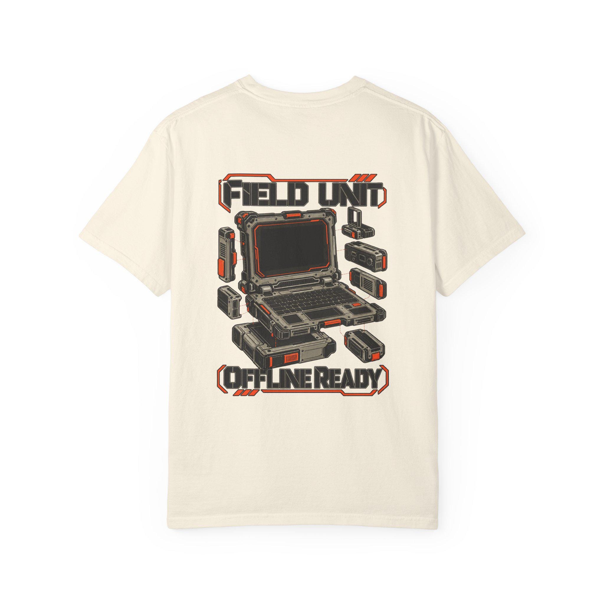 Manufacturer preview of Field Unit Comfort Colors T-shirt featuring an original fictional portable computer illustration on the back.