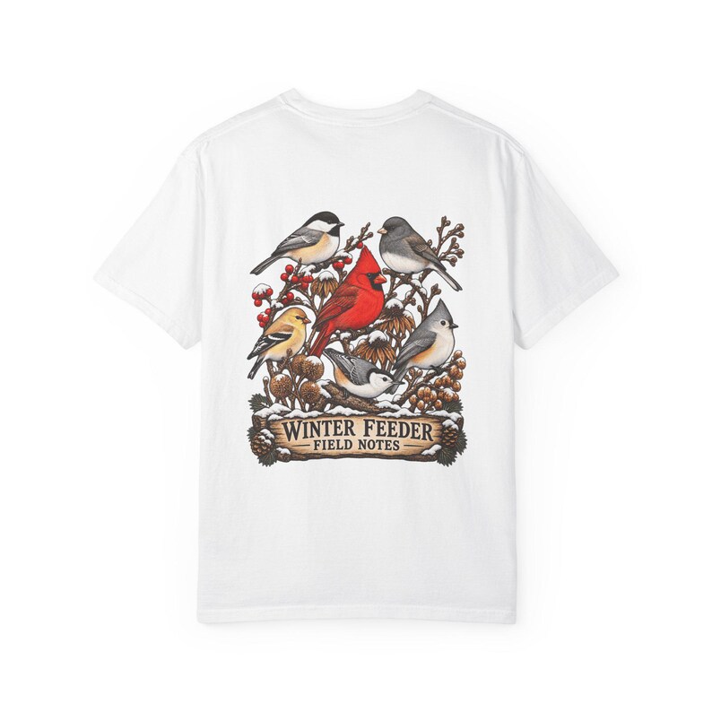 Winter Bird Feeder Comfort Colors Shirt, Backyard Birdwatching Field Notes Tee image 2