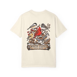 Winter Bird Feeder Comfort Colors Shirt, Backyard Birdwatching Field Notes Tee image 1