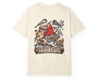 Winter Bird Feeder Comfort Colors Shirt, Backyard Birdwatching Field Notes Tee
