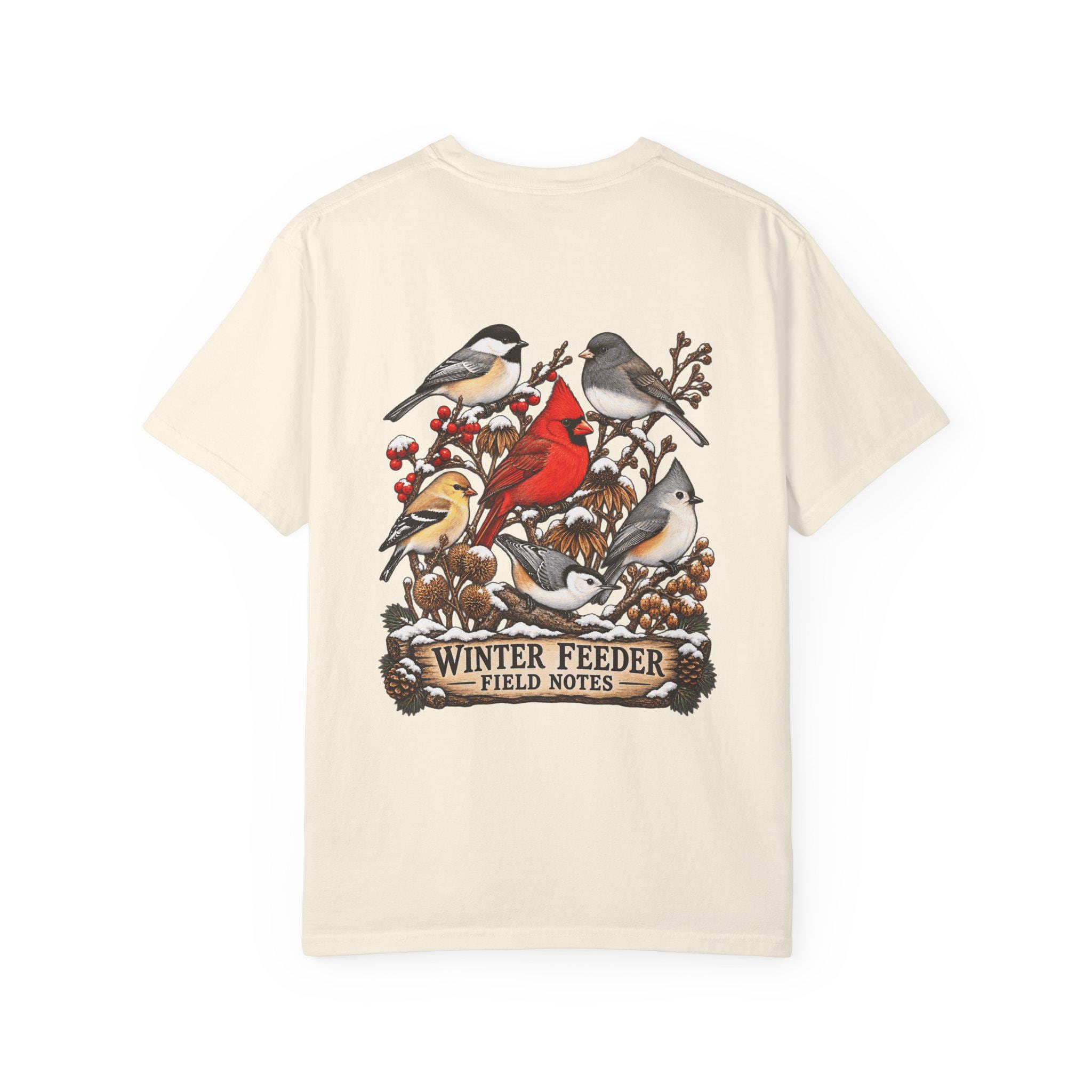 Manufacturer preview of Winter Feeder Comfort Colors T-shirt showing its illustrated birdwatching back print.