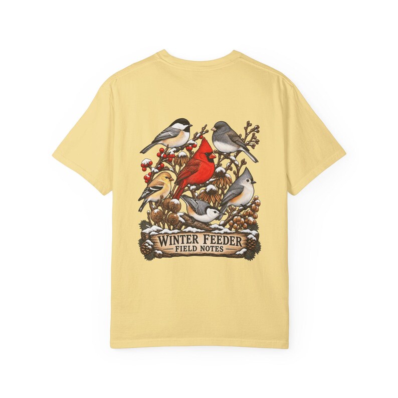 Winter Bird Feeder Comfort Colors Shirt, Backyard Birdwatching Field Notes Tee image 3