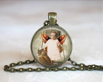 Art Deco Fairy Child and Owl Silver or Bronze Metal  Glass Pendant Handmade Art Necklace or Keychain lanyard charm