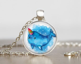 Rainbow Narwhal Silver or Bronze Metal  Glass Pendant Handmade Art Necklace Gift Present or Keychain lanyard charm