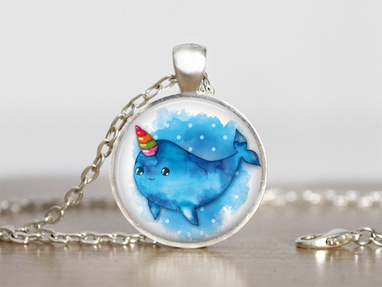 Cartoon Narwhal Glass Pendant Handmade Art Necklace Silver Gift Present