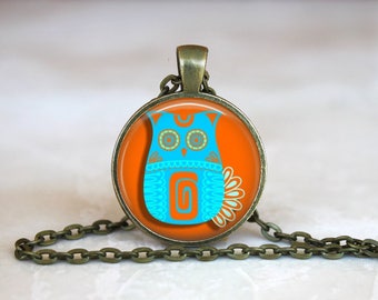 Mod Owl  Silver or Bronze Metal  Glass Pendant Handmade Art Necklace Gift Present or Keychain lanyard charm