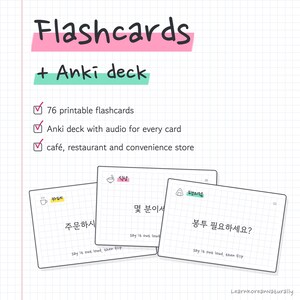Tarjetas de vocabulario y mazo de Anki con frases en coreano: 76 expresiones para cafeterías, restaurantes y tiendas con audio. imagen 1