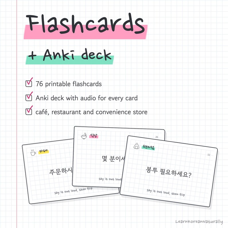 Tarjetas de vocabulario y mazo de Anki con frases en coreano: 76 expresiones para cafeterías, restaurantes y tiendas con audio. imagen 1