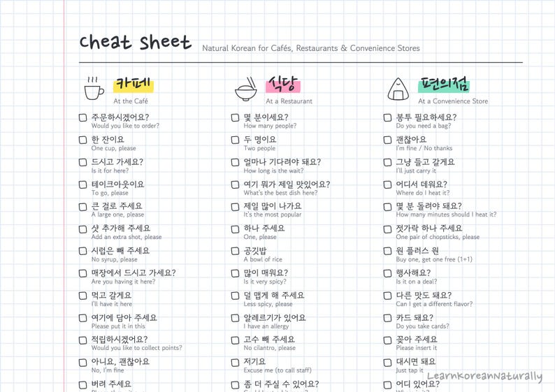 Korean Travel Cheat Sheet: 76 Café, Restaurant and Convenience Store Phrases (1-Page PDF) zdjęcie 3
