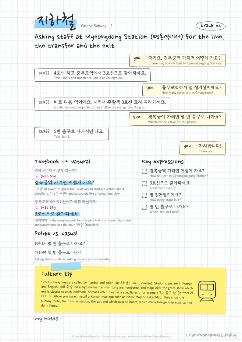 K&ouml;nnte beinhalten: Ein Sprachlernarbeitsblatt mit dem Titel On the Subway 2, das einen Dialog zwischen einem Fahrgast und dem Bahnhofspersonal auf Koreanisch und Englisch zeigt. Die Seite enth&auml;lt Abschnitte f&uuml;r nat&uuml;rliche Ausdr&uuml;cke, Schl&uuml;ssels&auml;tze und einen Kulturtipp.