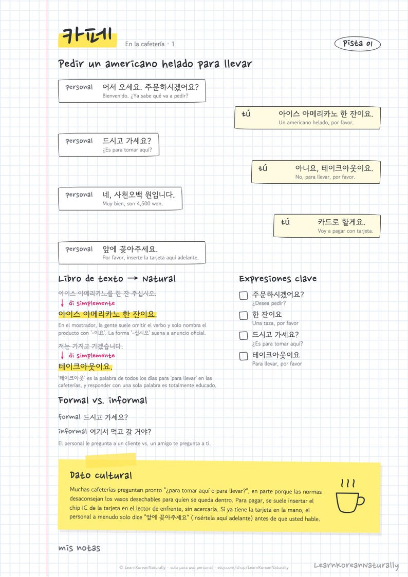 Korean Phrases for Spanish Speakers: Café, Restaurant, Store Dialogues (PDF, Audio, Anki) image 4