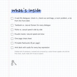 May include: A white grid-paper document titled what's inside with a blue highlight. It lists 7 features including 4 real-life dialogues, textbook vs. natural Korean, polite vs. casual speech, 8 audio tracks, a cheat sheet, flashcards, and an Anki deck.