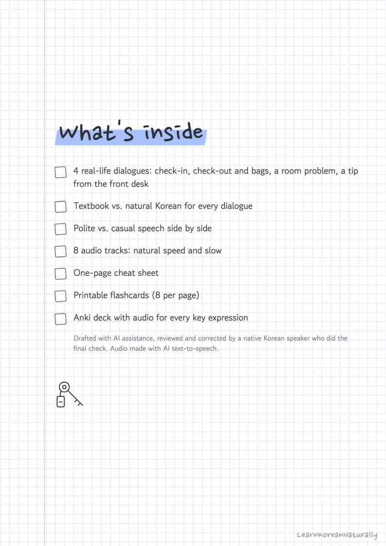 May include: A white grid-paper document titled what's inside with a blue highlight. It lists 7 features including 4 real-life dialogues, textbook vs. natural Korean, polite vs. casual speech, 8 audio tracks, a cheat sheet, flashcards, and an Anki deck.