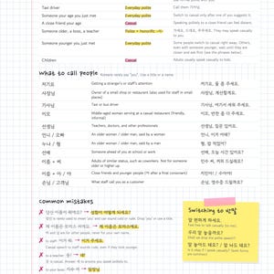 May include: An educational infographic on a grid background titled 호칭, explaining Korean honorifics and social address. It features sections on who receives polite speech, how to address people, and common mistakes, with text in English and Korean.