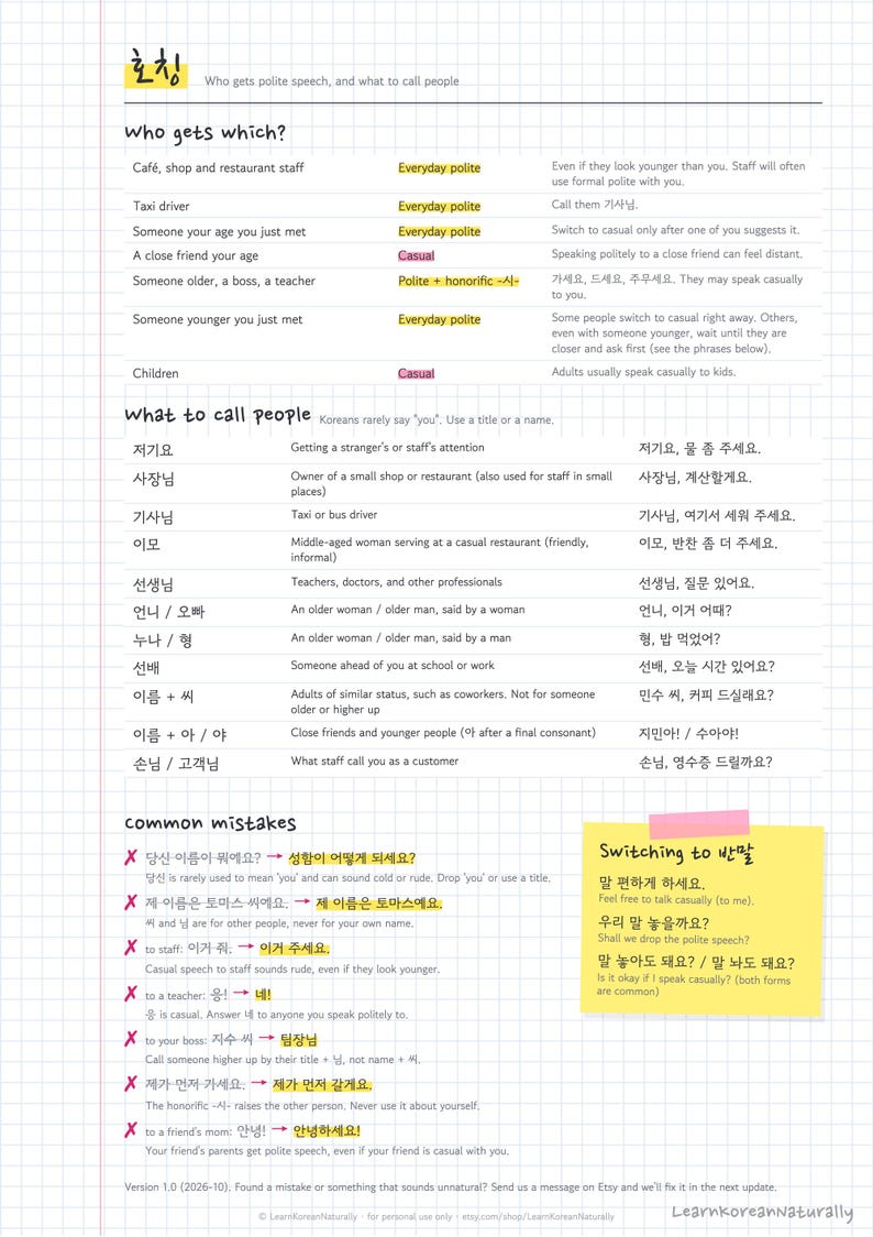 May include: An educational infographic on a grid background titled 호칭, explaining Korean honorifics and social address. It features sections on who receives polite speech, how to address people, and common mistakes, with text in English and Korean.