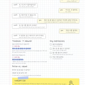 May include: A white grid-patterned educational study sheet titled In Your Hotel 2, featuring a dialogue between staff and a guest about checking out and storing luggage. It includes Korean phrases with English translations, key expressions, and a culture tip.