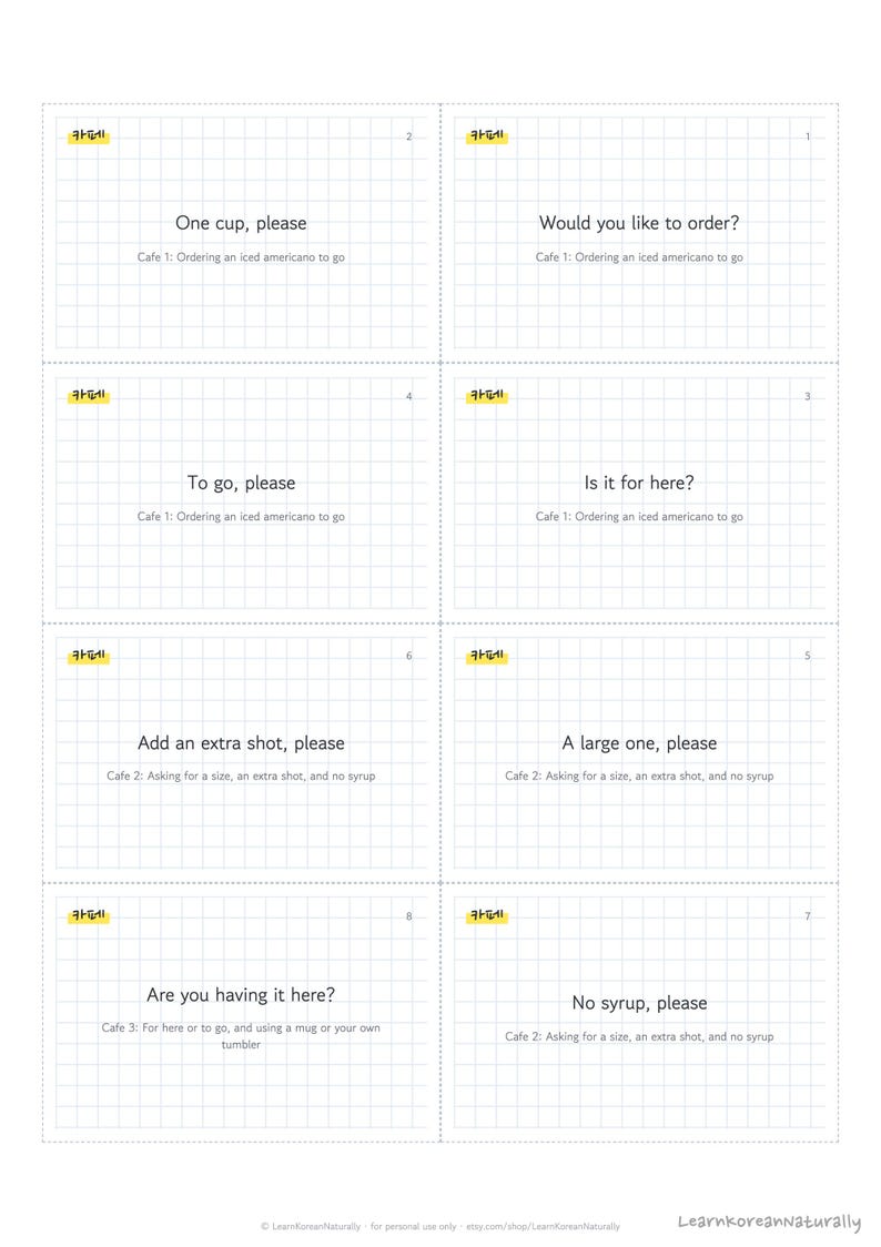 Tarjetas de vocabulario y mazo de Anki con frases en coreano: 76 expresiones para cafeterías, restaurantes y tiendas con audio. imagen 3