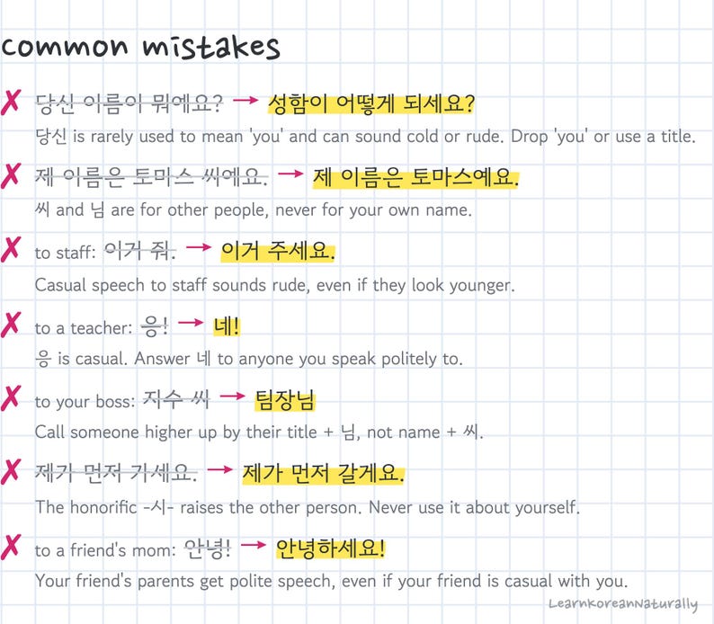 May include: An educational infographic on a grid background titled common mistakes, listing seven Korean language errors with red X marks, corrected phrases highlighted in yellow, and brief English explanations for each.