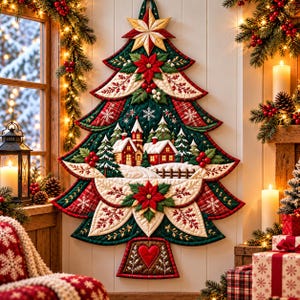 May include: A quilted wall hanging shaped like a Christmas tree, featuring a central winter village scene with snow-covered houses, red poinsettias, plaid fabric accents, and a heart-shaped base. The design includes embroidered snowflakes and gold details.