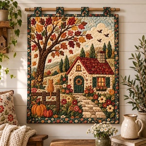 May include: A rectangular fabric wall hanging featuring a quilted autumn landscape with a large tree, a stone cottage, a cat on a wooden fence, and pumpkins. The scene includes a stone path, colorful flowers, and three birds in a cloudy sky.