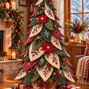 May include: A quilted fabric Christmas tree decoration featuring layered leaf-shaped panels in red, green, and cream. The tree is adorned with fabric poinsettias, buttons, and embroidered snowflake patterns, topped with a quilted star.