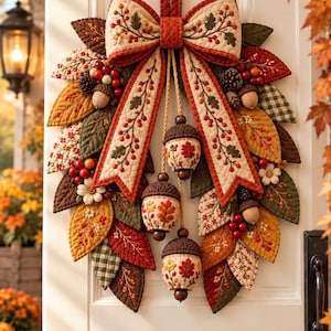 May include: A decorative autumn door hanging featuring a large quilted bow with embroidered berry vines, surrounded by fabric leaves in shades of red, orange, yellow, and green, with three dangling stuffed acorn ornaments on braided cords.
