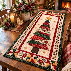 May include: A rectangular quilted table runner featuring a central Christmas tree design composed of layered fabric triangles in red, green, and cream patterns. The border displays poinsettia motifs and geometric star blocks on a cream background.