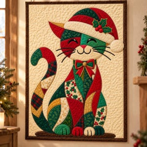 May include: A rectangular fabric wall hanging featuring a quilted cat wearing a red and white Santa hat. The cat is composed of various patchwork patterns in red, green, and gold, with a red bow tie and a long, curved, patterned tail.