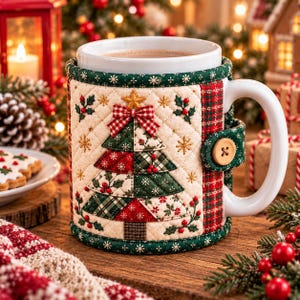 Könnte beinhalten: Ein weißer Keramikbecher mit einem abnehmbaren, gesteppten Stoffüberzug. Der Überzug ist cremefarben mit Rautensteppung und mit einem Patchwork-Weihnachtsbaum, rot-grünen Karomustern sowie einem einzelnen Holzknopf als Verschluss verziert.
