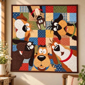 May include: A square fabric wall hanging featuring a patchwork background of colorful patterned squares. Five cartoon-style dogs with large eyes and noses are arranged in a circle, looking toward the center of the quilt with expressive faces.