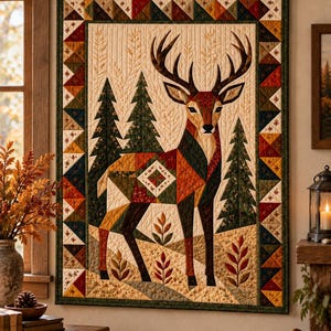 May include: A rectangular wall hanging quilt featuring a central deer illustration composed of geometric fabric patches in shades of brown, orange, green, and cream. The deer is surrounded by pine trees and foliage, framed by a multi-colored triangle border.