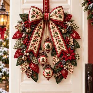 May include: A quilted fabric Christmas door swag featuring a large cream bow with red holly berries and green leaves. The swag includes three hanging quilted ornaments, red poinsettias, pinecones, green and red plaid leaves, and gold jingle bells.