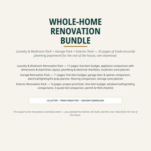 Pacchetto stampabile per la ristrutturazione completa della casa, con strumento di monitoraggio del budget per la ristrutturazione di lavanderia, ripostiglio, garage ed esterni in formato PDF.