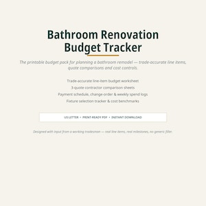 Può includere: Un documento di pianificazione per il monitoraggio del budget di ristrutturazione del bagno. Il testo include: Bathroom Renovation Budget Tracker, trade-accurate line-item budget worksheet, 3-quote contractor comparison sheets e US Letter.
