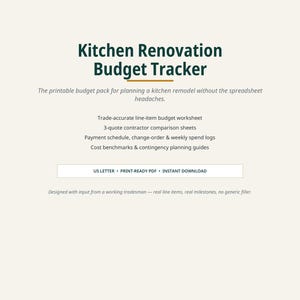 Può includere: Un pacchetto di pianificazione stampabile intitolato Kitchen Renovation Budget Tracker. Il documento include un foglio di lavoro per il budget dettagliato, schede di confronto per appaltatori, programmi di pagamento e guide ai costi.