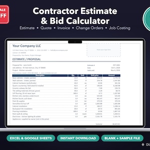 Op de afbeelding: Een digitale offerte- en calculatietool voor aannemers weergegeven op een laptopscherm. Het document bevat velden voor bedrijfsgegevens, projectdetails en een gedetailleerde lijst met bouwkosten, hoeveelheden en eenheidsprijzen.