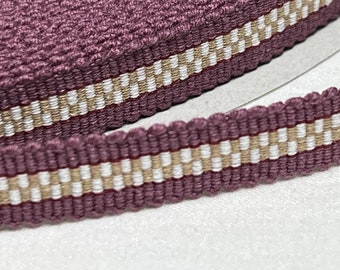 Up To 50% OFF SALE.... Japanese Sanada-Himo, Plum, White & Beige Cotton Flat Cord 12mm Wide, Sold By Meter / Yard, Sanada-226