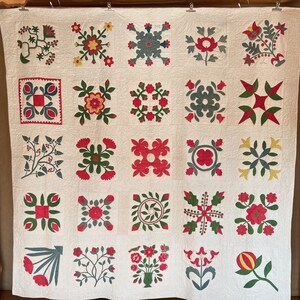 Fantastic Rare Green & Red Applique Antique Album Quilt, Collector Textile, Quilt-1033