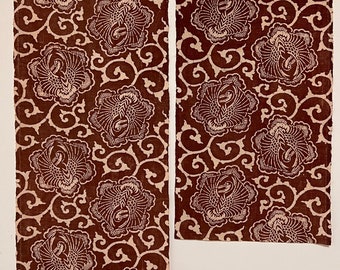 Sehr seltenes Katazome, 2 kurze Längen Cafe au Lait Farbe Bengara Baumwolltextilien aus altem Futon-Bezug, Stoff-2811