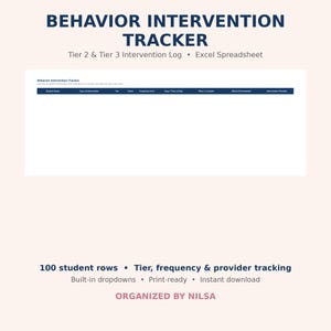 May include: A digital Behavior Intervention Tracker Excel spreadsheet featuring a dark blue header row with columns for student name, intervention type, tier, frequency, time, days, location, documentation, and provider. Includes 100 student rows.