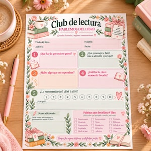 Op de afbeelding: Een gedrukt leeslogboek voor boekenclubs met de titel Club de lectura Hablemos del libro, voorzien van bloemenranden, pastelroze en groene accenten en genummerde secties voor het noteren van boekdetails, reflecties en beoordelingen.