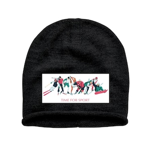 May include: A black knit beanie featuring a rectangular white patch on the front. The patch displays a colourful illustration of various athletes engaged in winter sports, with the text TIME FOR SPORT printed in red below the figures.