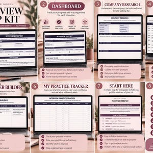 Peut inclure: Un kit de préparation aux entretiens en huit parties affiché sur des écrans d'ordinateur. Il comprend un tableau de bord, des modèles de recherche d'entreprise, 50 questions, un outil STAR, un suivi de pratique et un guide étape par étape.