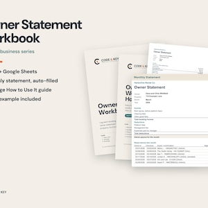 May include: Owner Statement Workbook for co-hosts featuring Excel and Google Sheets templates, a 27-page guide, and filled examples. The documents display financial data, monthly statements, and booking details for rental property management.