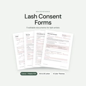 Op de afbeelding: Een set van 11 bewerkbare wimper-toestemmingsformulieren voor wimperstylisten door NolveyStudio. De documenten bevatten een kaart, dossier, consultatieformulier en geïnformeerde toestemming in een wit en zachtroze lay-out.